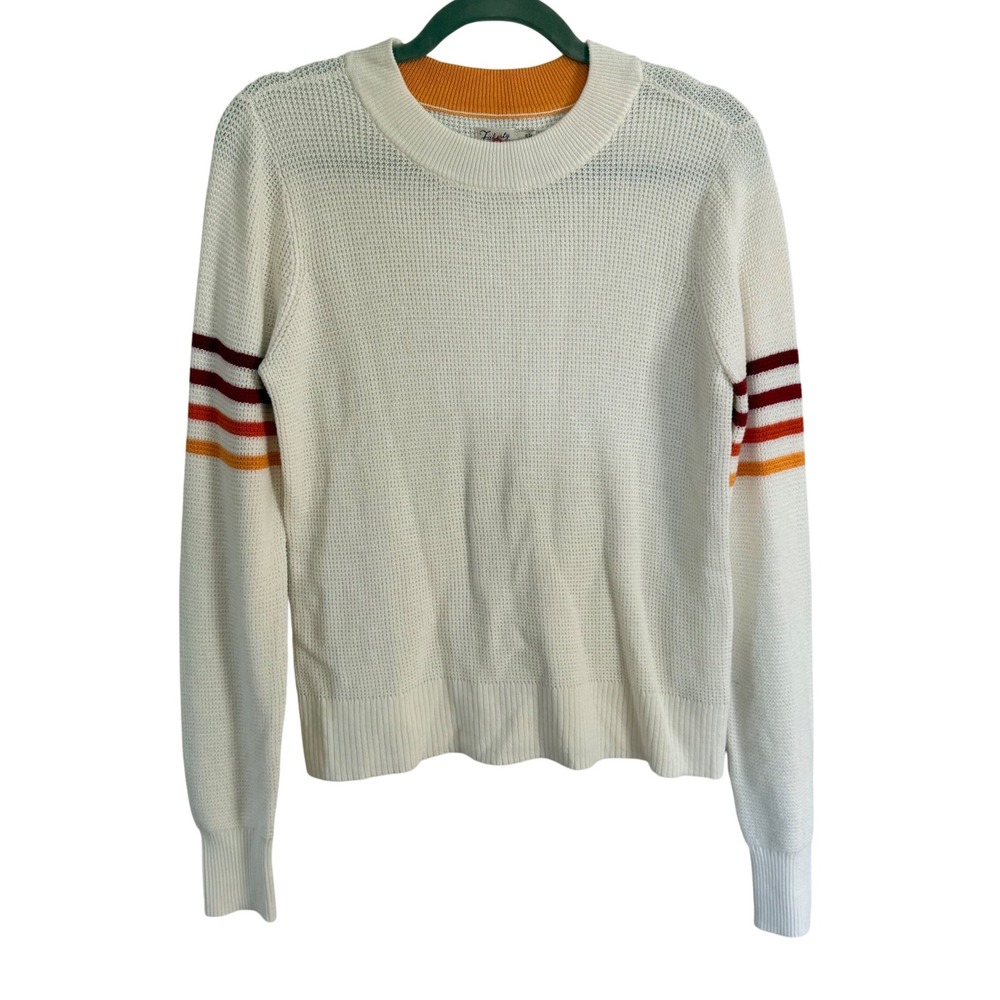 Faherty White Cotton Cashmere Waffle Knit Stripe Sleeve Sweater Small Beaxh